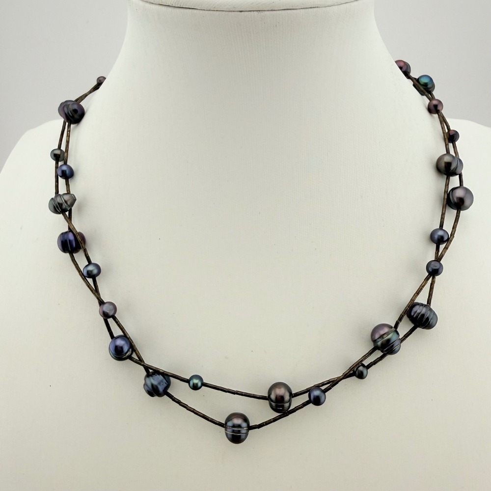 Black Peacock Pearl Necklace Liquid Silver Double Strand Southwestern 925